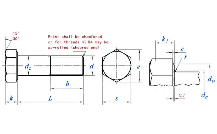 Hexagon Head Thick Shank Half Thread Bolts M1.6-M39 DIN 931